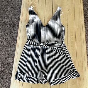 Zara White and Blue Jumpsuit with V-Neck and Stripes